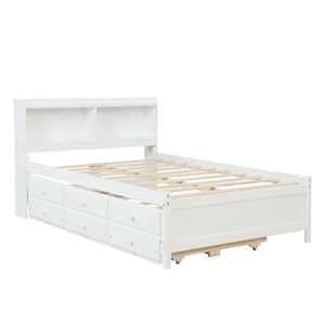 White Full Kids Platform Bed with Trundle and 3-Drawers Wood Kids Bed with Bookcase Wood Frame Platform Bed