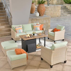 Camelia Beige 6-Piece Wicker Patio New Style Rectangular Fire Pit Seating Set with Mint Green Cushions