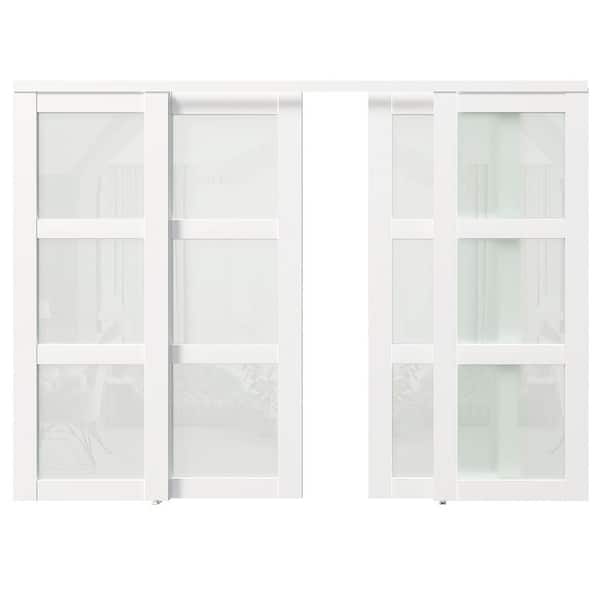 120in x 80in (Double 60" Doors) MDF, White Double Frosted 3 Panel Glass Sliding Door with All Hardware