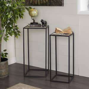 13 in. Black Large Square Wood End Accent Table with Brown Wood Tops (2- Pieces)