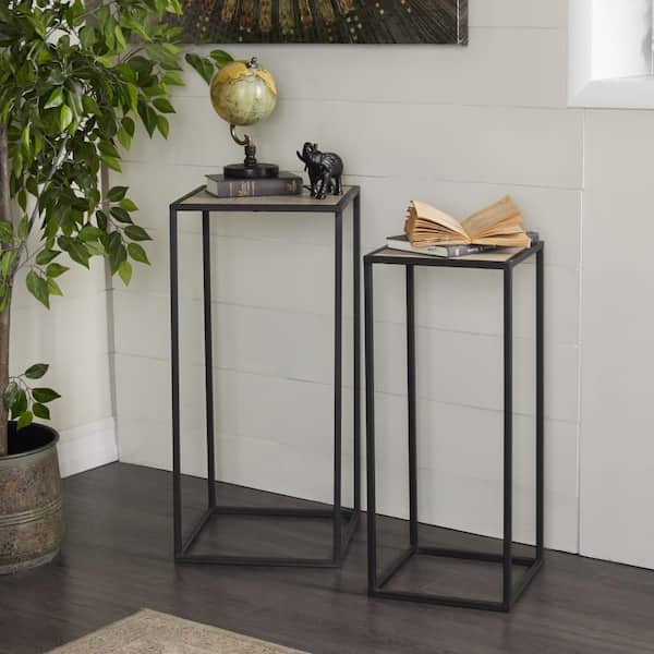 Litton Lane 13 in. Black Large Square Wood End Accent Table with Brown Wood Tops (2- Pieces)