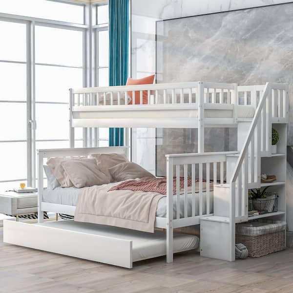 Tyler White Wood Frame Twin Over Full Bunk Bed with Storage Staircase, Trundle, Guardrails