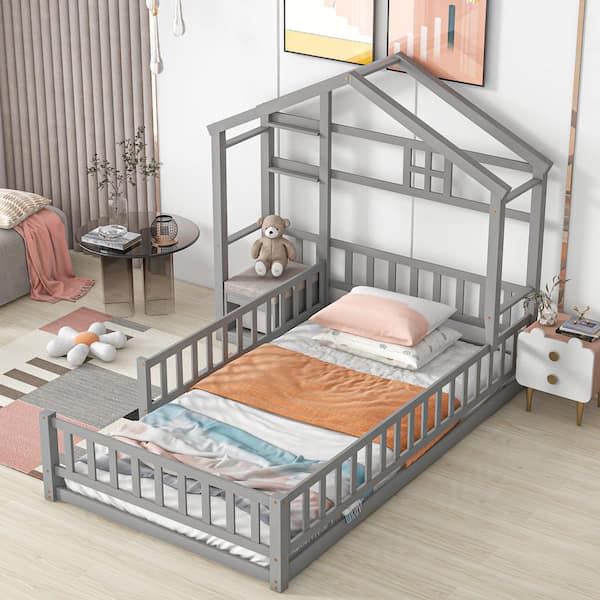 URTR Gray Twin Size Floor Platform Bed with Cushion Stand, House-Style Headboard Bed House Bed for Kids