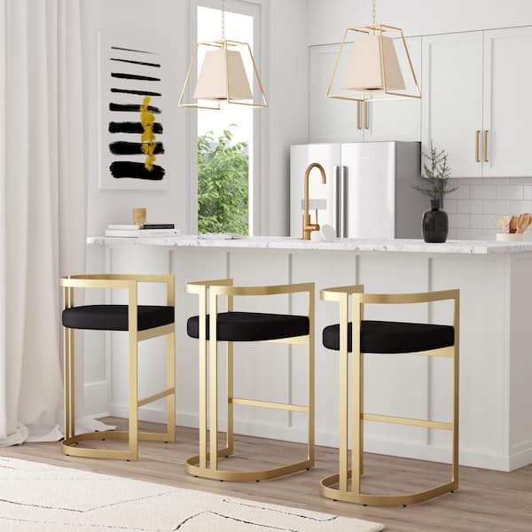 Clarence 28 in. Seat Height Black and Gold Faux Leather Low Back Barstool