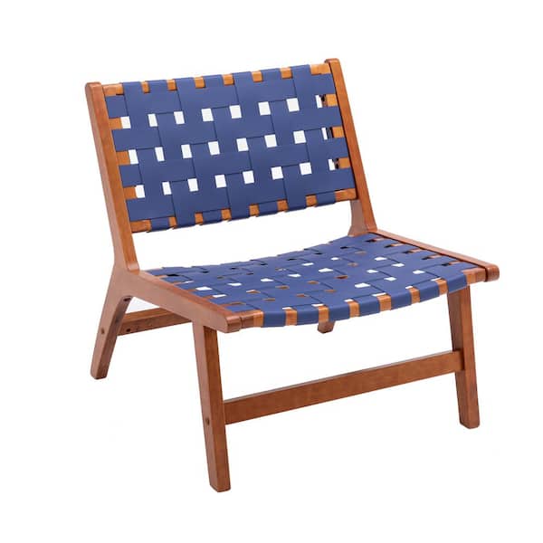 myhomore Navy Blue Outdoor Solid Wood Frame Chair with White Wool Carpet