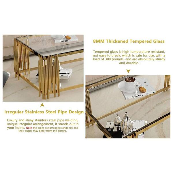 51 in. Clear Rectangle Glass Coffee Table, Tempered Glass and Stainless Steel Legs, 2-Tier Center Table for Living Room