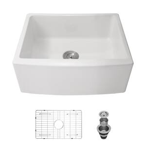 White Ceramic 24 in. Single Bowl Farmhouse Arch Edge front Kitchen Sink with Bottom Grid and Basket Strainer