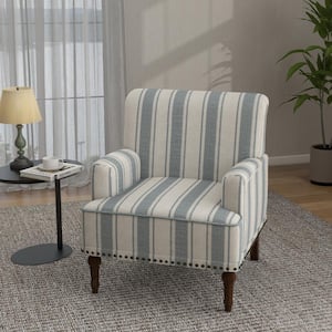 Mid-Century Modern Blue And Beige Striped Accent Arm Chair with Wood Legs (Set of 1)