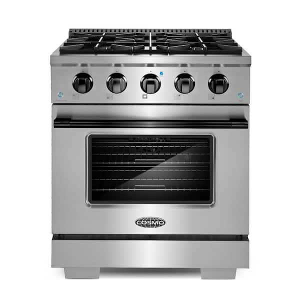 Cosmo 30 in. 3.5 cu. ft. Gas Range with 4-Burners and Cast Iron Grates in Stainless Steel Black Custom Handle and Knob Kit