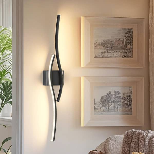 2-lIGHT  Modern Wave Integrated LED Indoor Wall Sconce  Black 31.5 in Decorative Indoor Wall Fixture Warm Light 2-Pack