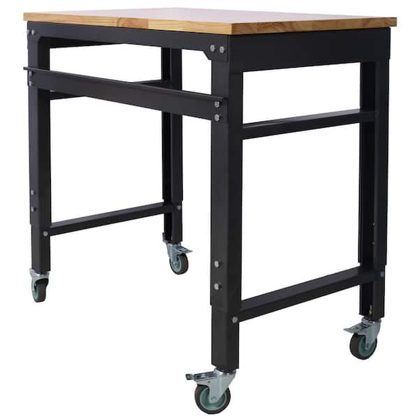 Ami 35" Rolling Workbench with Metal Rubber Wood Top Black Leg