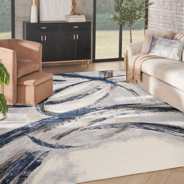 Brushstrokes Grey/Navy 9 ft. x 12 ft. Abstract Contemporary Area Rug
