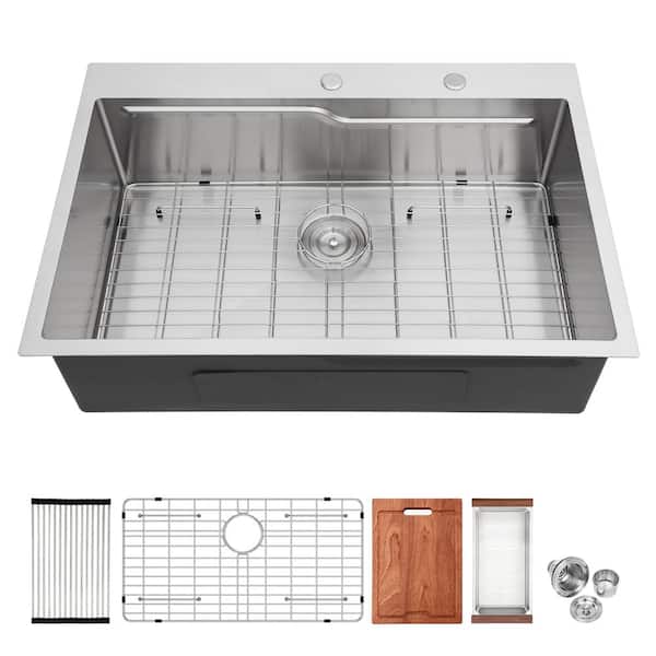 Unbranded 33 in. x 22 in. Drop in Kitchen Sink, 16 Gauge Stainless Steel Ledge Workstation in Brushed Nickel