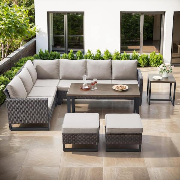 Pocassy U-Series 7-Piece Outdoor Brown Wicker Sofa PE Rattan Wicker Patio Conversation Set with CushionGuard Cushions(Beige)