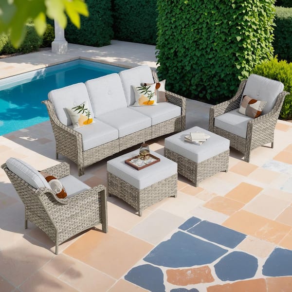 Toject Eureka Grey 5-Piece Wicker Modern Outdoor Patio Conversation Sofa Seating Set with Light Grey Cushions