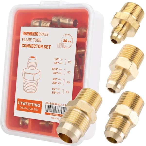 LTWFITTING Tube OD (1/4 in. 5/16 in. 3/8 in. 1/2 in.) x 3/8 in. Male NPT Brass Flare Connector Set (20-Pack)