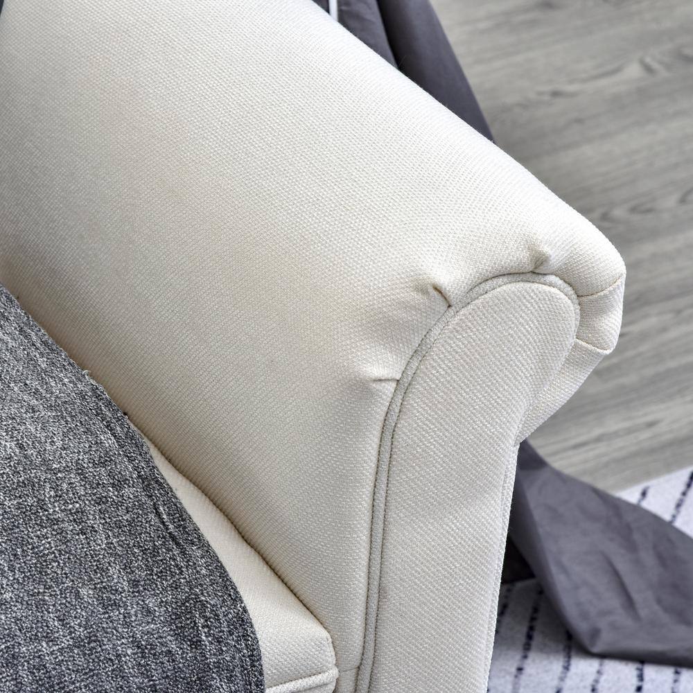 Cream White Linen Upholstered Ottoman Bench with Armrests
