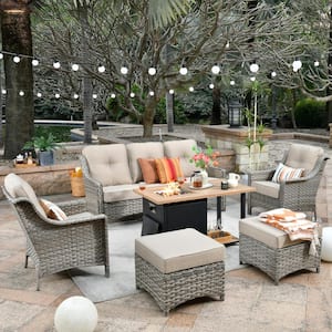 Tulip A Gray 6-Piece Wicker Patio Storage Fire Pit Conversation Sofa Set with Beige Cushions