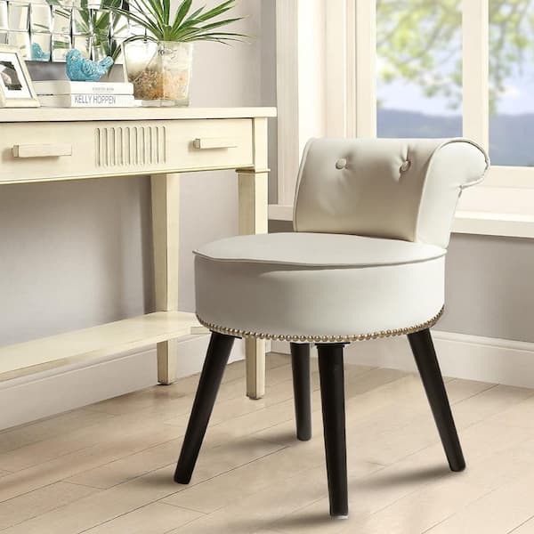 VEIKOUS Off White Wood Upholstered Vanity Stool Round 17.3 in. W x