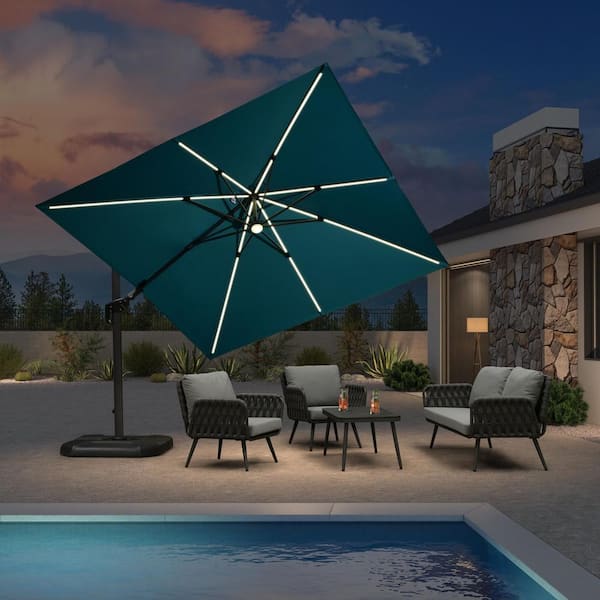 PURPLE LEAF 10 ft. Square Aluminum Cantilever Solar LED Swivel Offset 360° Rotation Umbrella with Base, Turquoise Blue