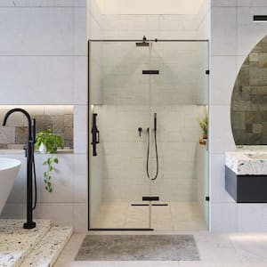48 in. W x 74.25 in. H Hinged Frameless Shower Door in Black Finish with Tempered Glass