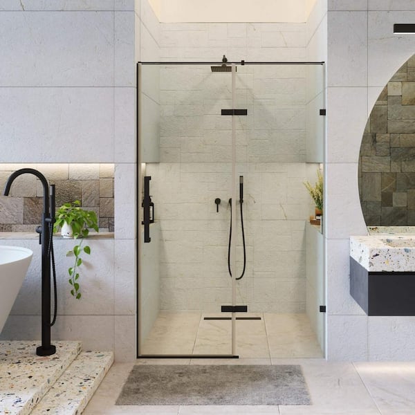 FINE FIXTURES 48 in. W x 74.25 in. H Hinged Frameless Shower Door in Black Finish with Tempered Glass