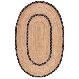 Natural Fiber Beige/Navy Doormat 3 ft. x 5 ft. Border Woven Oval Area Rug