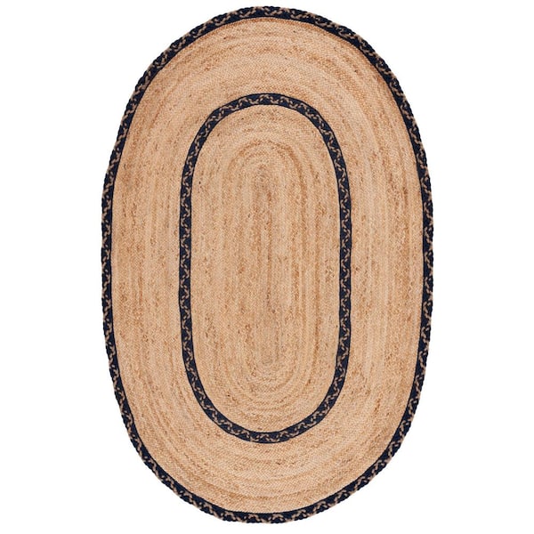 SAFAVIEH Natural Fiber Beige/Navy 6 ft. x 9 ft. Border Woven Oval Area Rug