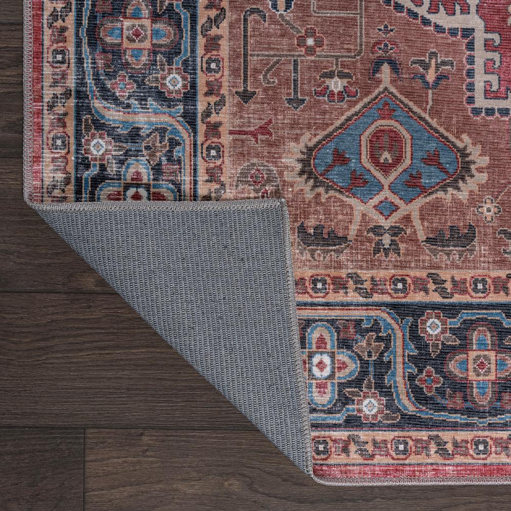 Red and Blue Medallion Washable Synthetic Area Rug 3' x 5'