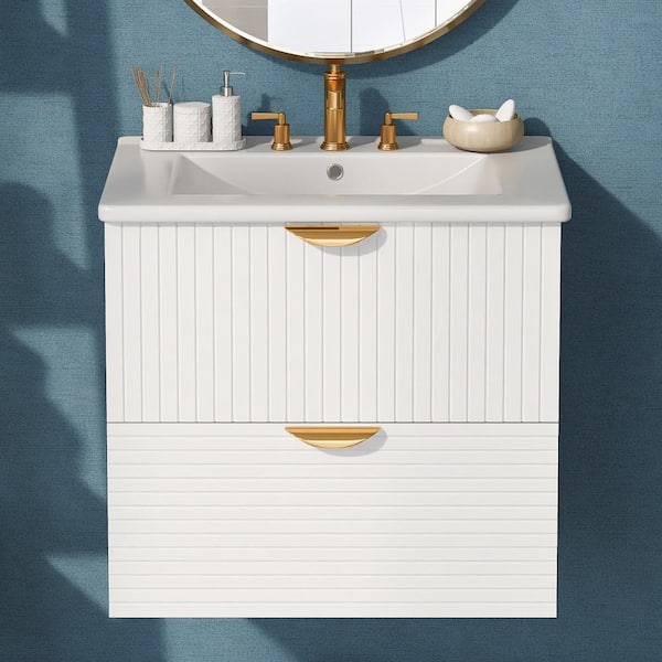 24 in. W x 18 in. D x 23 in. H Wall Mounted Bath Vanity in White with White Ceramic Top