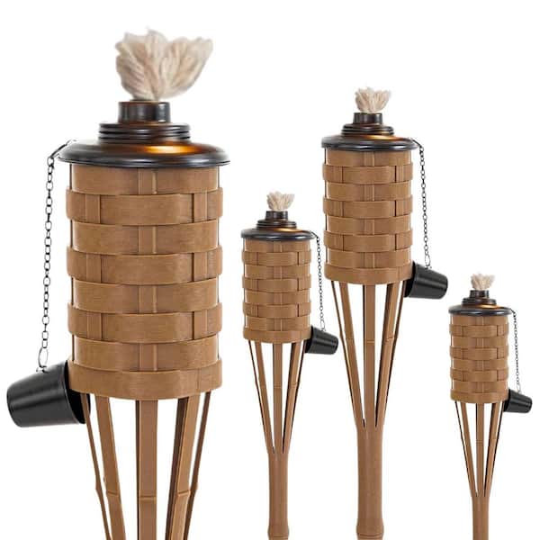 60 Brown Faux Bamboo Outdoor Citronella Torches 4-Pack Weatherproof Durable Adjustable Height Garden Decor