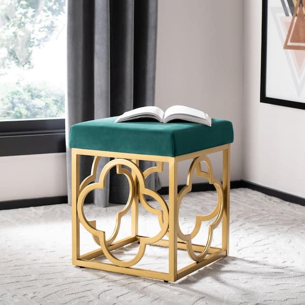 Fleur Emerald/Gold Velvet Square Accent Ottoman
