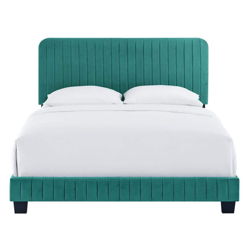 Luxe Glam Deco Teal Velvet Full Platform Bed with Channel Tufting
