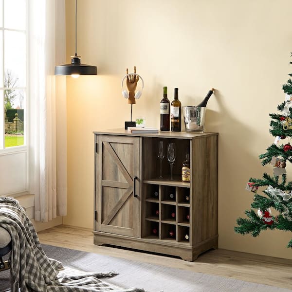 39.37in x 15.75in x 34in Gray MDF Ready to Assemble Kitchen Cabinet with 2 Drawers, 1 Door and 12 Wine Racks