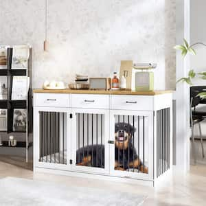 Heavy-Duty Dog Kennels Crate Storage Cabinet, Decorative Large Dog House Furniture Dog Cage with 3-Drawers, White