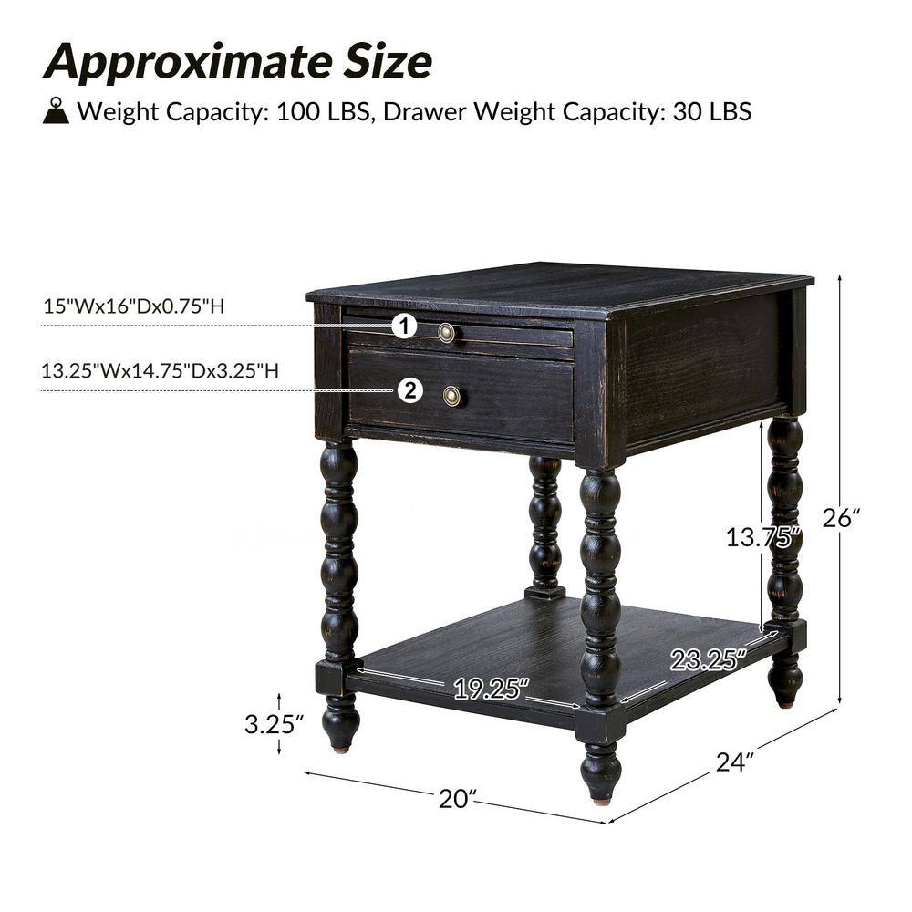 Jim Walnut Traditional 26 in. Tall Solid Wood End Table with USB Set of 2 - thumbnail 7