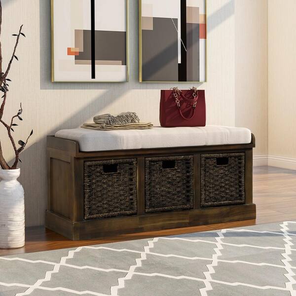 Harper & Bright Designs Dark Brown Entryway Storage Bench with Removable Cushion and 3-Removable Classic Fabric Basket