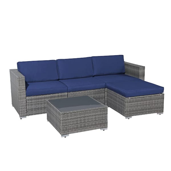 Freestyle 5-Piece Wicker Outdoor Conversation Patio Sectional Sofa Set with Blue Cushions