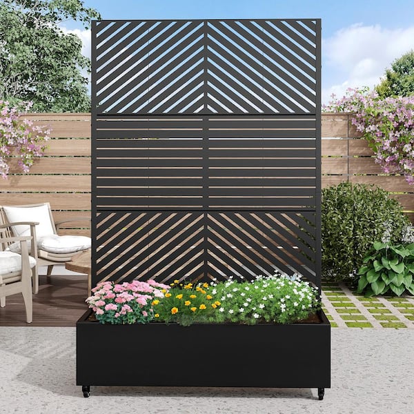 72 in. H x 47 in. W Rectanglar Black Outdoor Metal Privacy Screen Planter Box Wall Decor