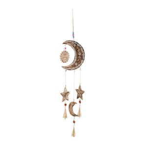 27 in. Gold Mango Wood Sun and Moon Windchime with Glass Beads and Cone Bells