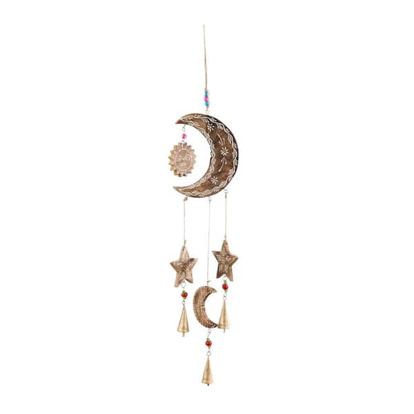 Litton Lane 27 in. Gold Mango Wood Sun and Moon Windchime with Glass Beads and Cone Bells