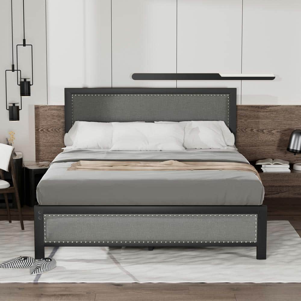VECELO Metal Bed Frame Full Gray with Linen Upholstered Headboard, Platform  Bed with 12.6 in. Under Bed Storage and Nailhead KHD-F35-GRY - The Home 