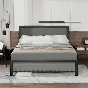Metal Bed Frame Full Gray with Linen Upholstered Headboard, Platform Bed with 12.6 in. Under Bed Storage and Nailhead