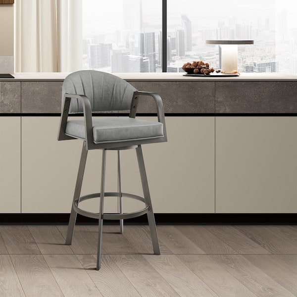 Armen Living Marcie 26 in. Vintage Gray/Metallic Dark Gray Iron Metal Counter Stool with Faux Leather Seat