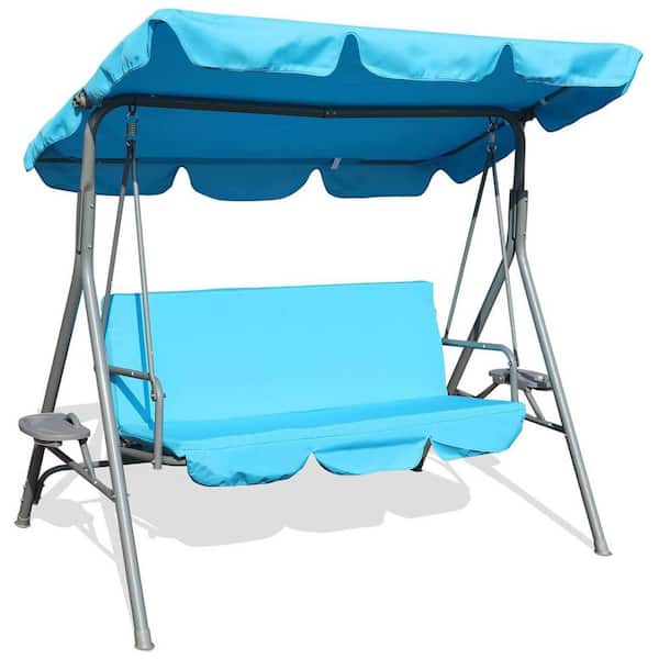 Maincraft 67.3 in. 2-Person Gray Metal Patio Swing with Blue Canopy and Removable Cushions