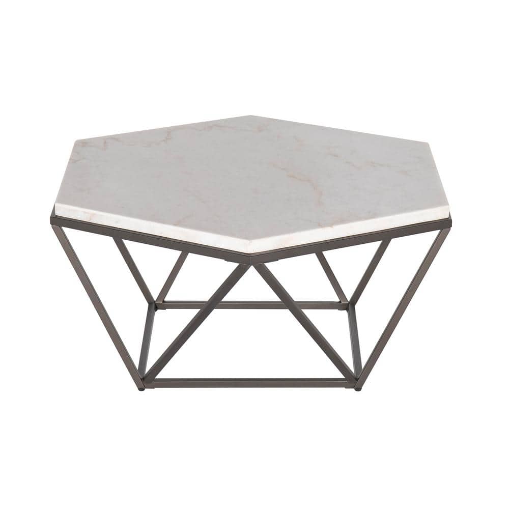 Transitional Hexagonal Lift-Top Coffee Table in Brown/White Marble