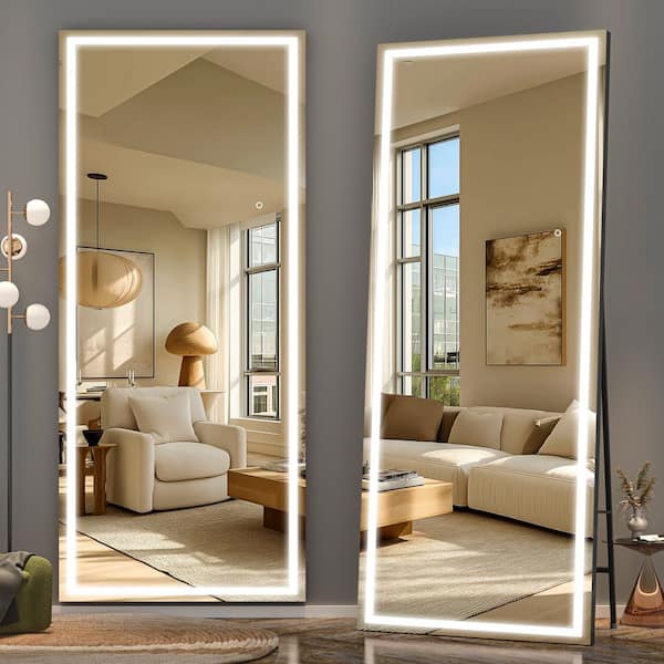 34 in. W x 81 in. H Square Black LED Lighted Floor Standing Mirror, Hanging Mounted Mirror, Dimmable, Tempered Glass