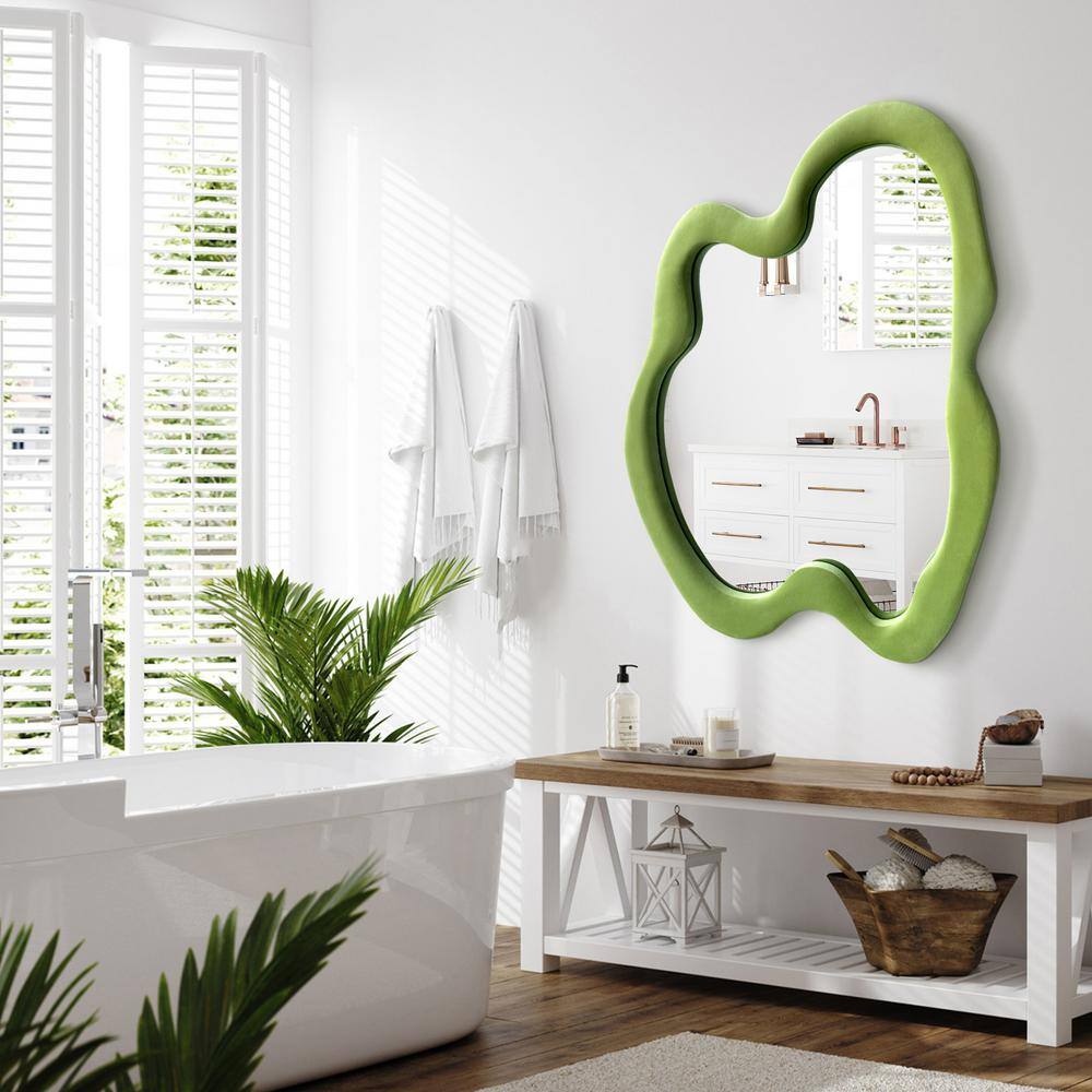 20" x 28" Green Flannel Wrapped Wood Framed Asymmetrical Decorative Mirror