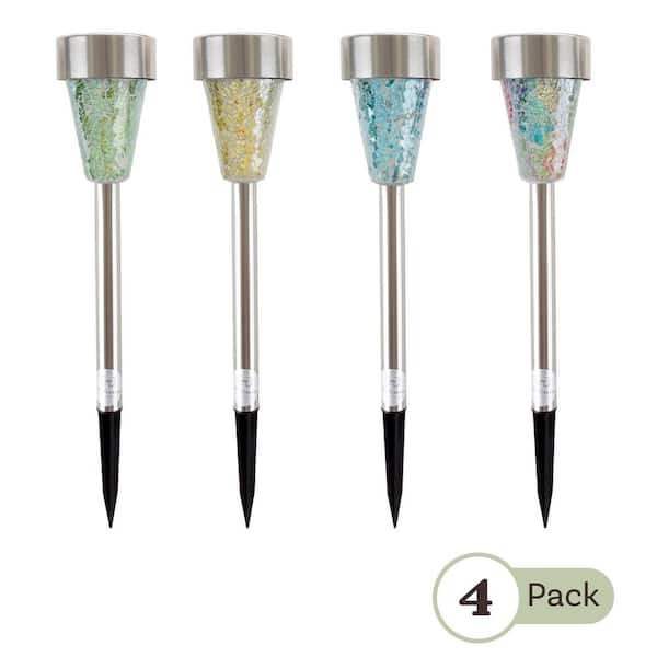 Pure Garden Stainless Steel Outdoor Integrated LED Landscape Path Solar Powered Mosaic Pillar Lights (4-Pack)