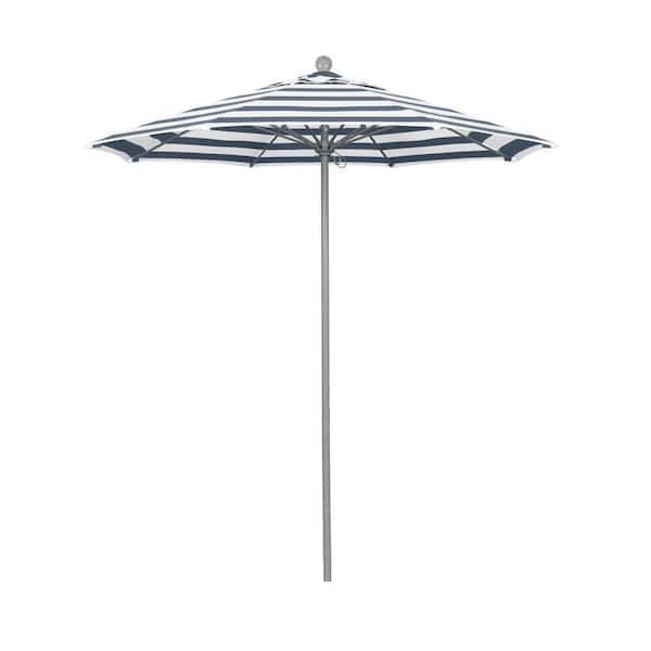 California Umbrella 7.5 ft. Grey Woodgrain Aluminum Commercial Market Patio Umbrella Fiberglass Ribs Push Lift in Navy White Cabana Olefin